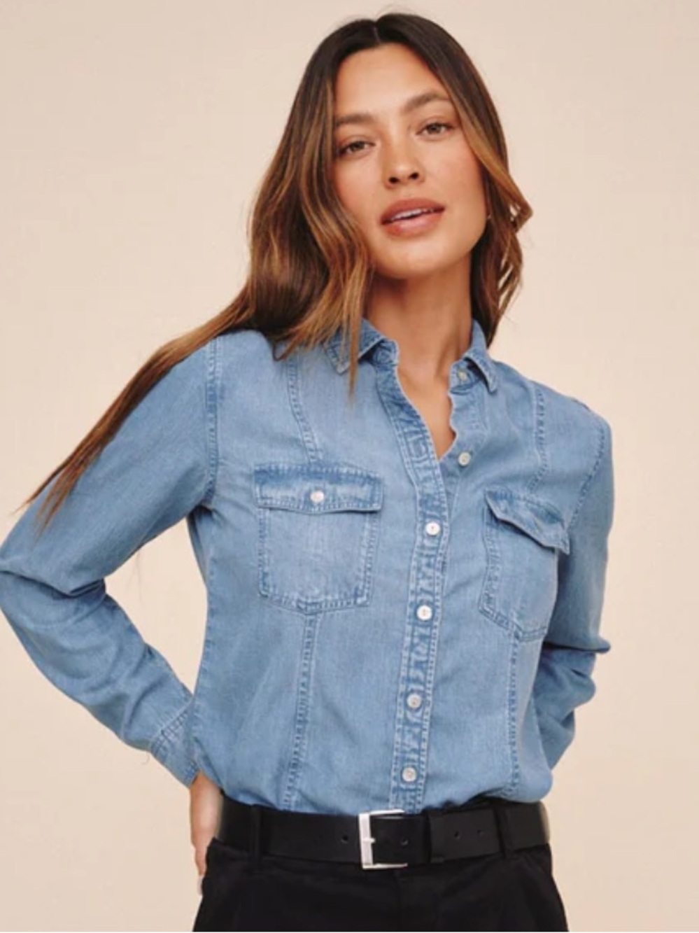 Bella Dahl Long Sleeve Seamed Tencel Denim Button-Down Shirt